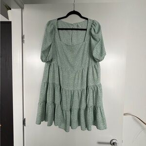 Square Neck Tiered Mini Dress in Sage Ditsy